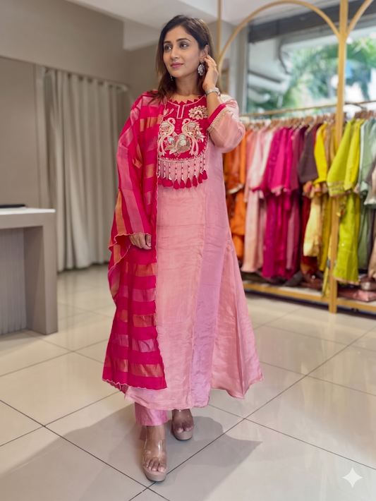 Pink Line Heavy Handwork Anarkali Suit Set with Dupatta