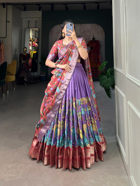 Akanksha Kalamkari Dola silk lengha Choli(semi-stitched).