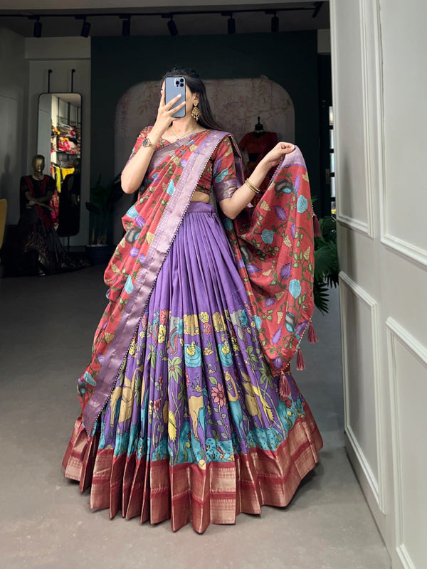 Akanksha Kalamkari Dola silk lengha Choli(semi-stitched).