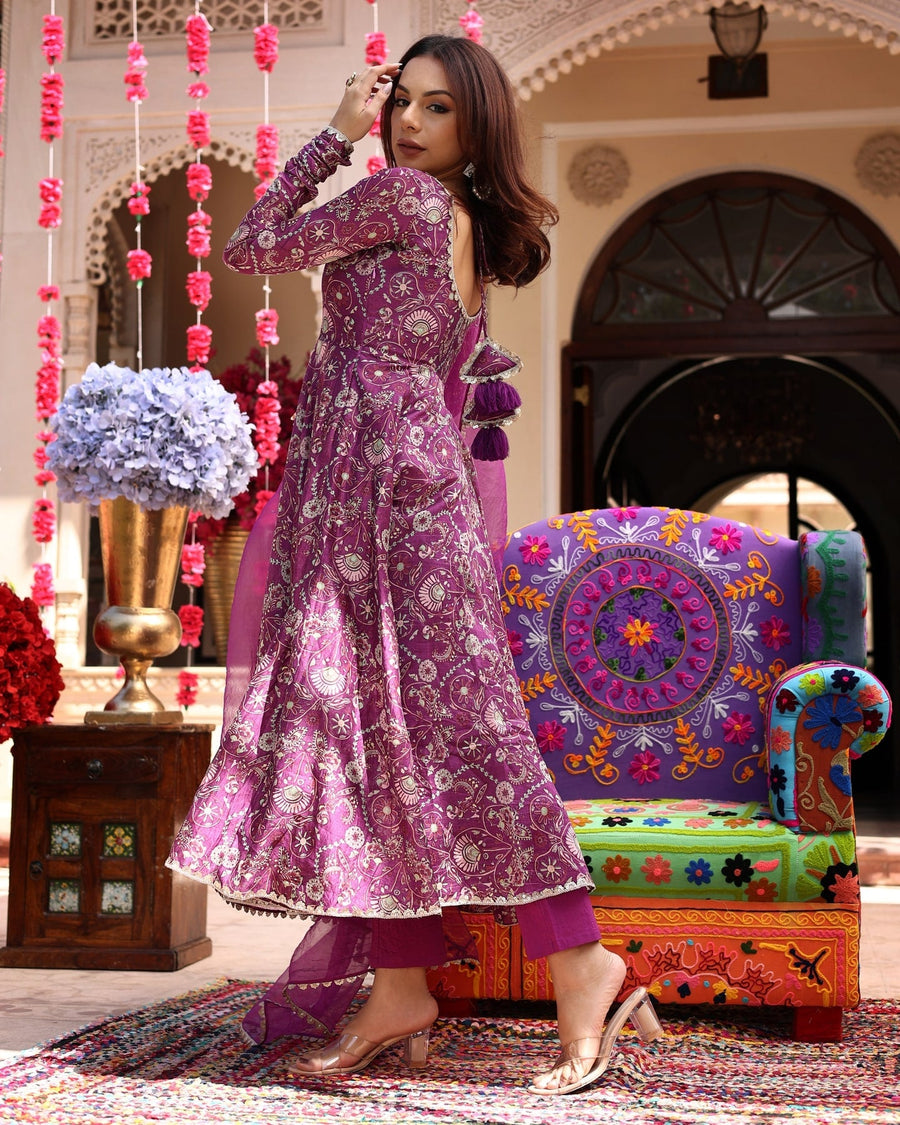 Kudbi's Lovis lavender printed anarkali gown with dupatta set