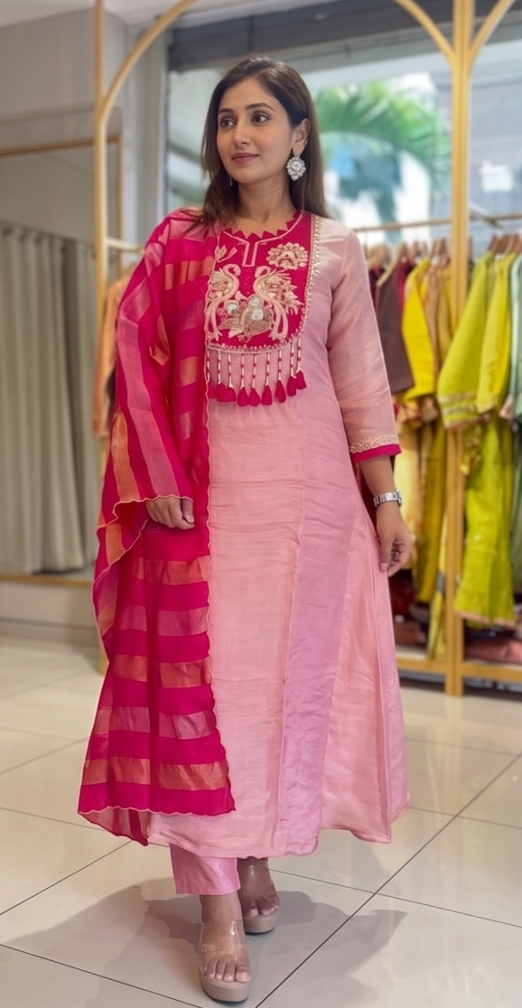 Pink Lotus Heavy Handwork Anarkali Suit Set with Dupatta