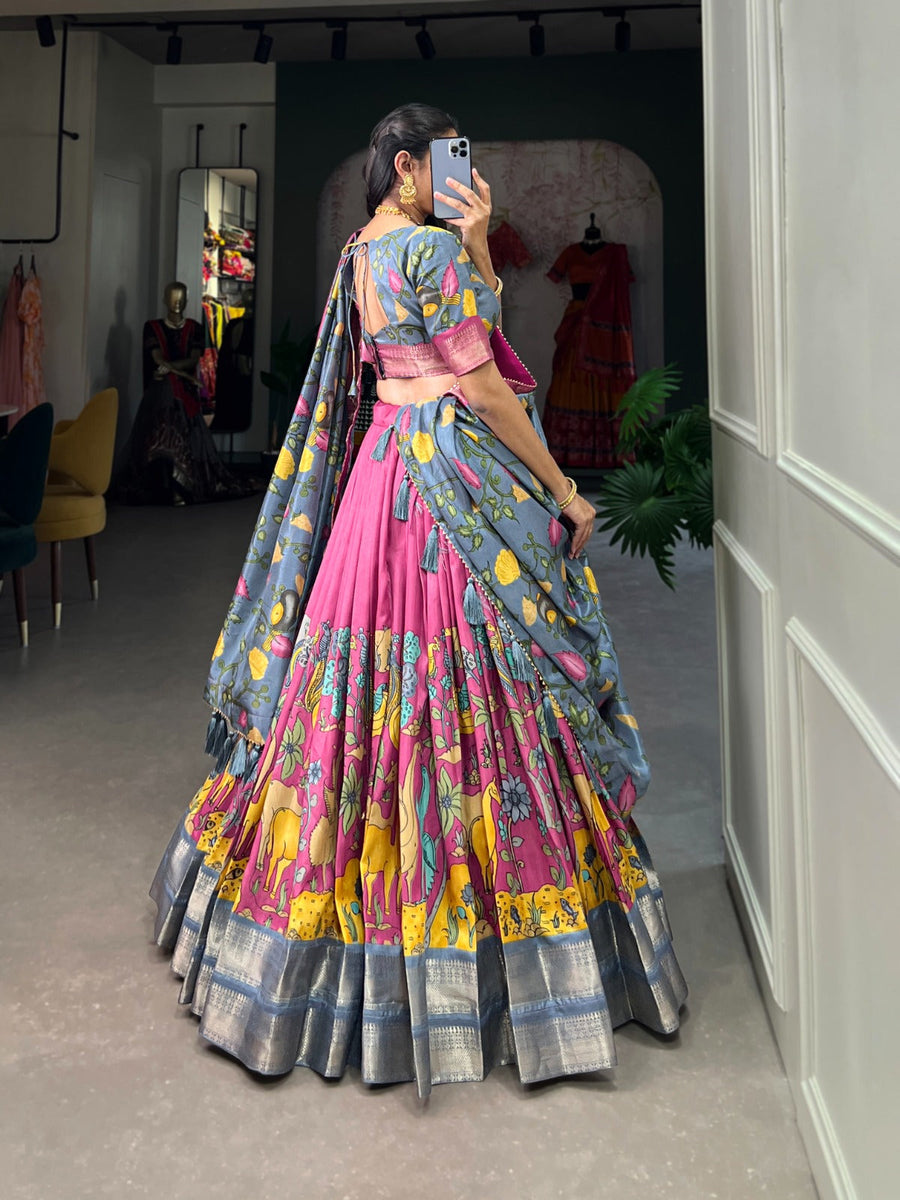 Kudbi's Style Akanksha Kalamkari Dola silk lengha Choli(semi-stitched).