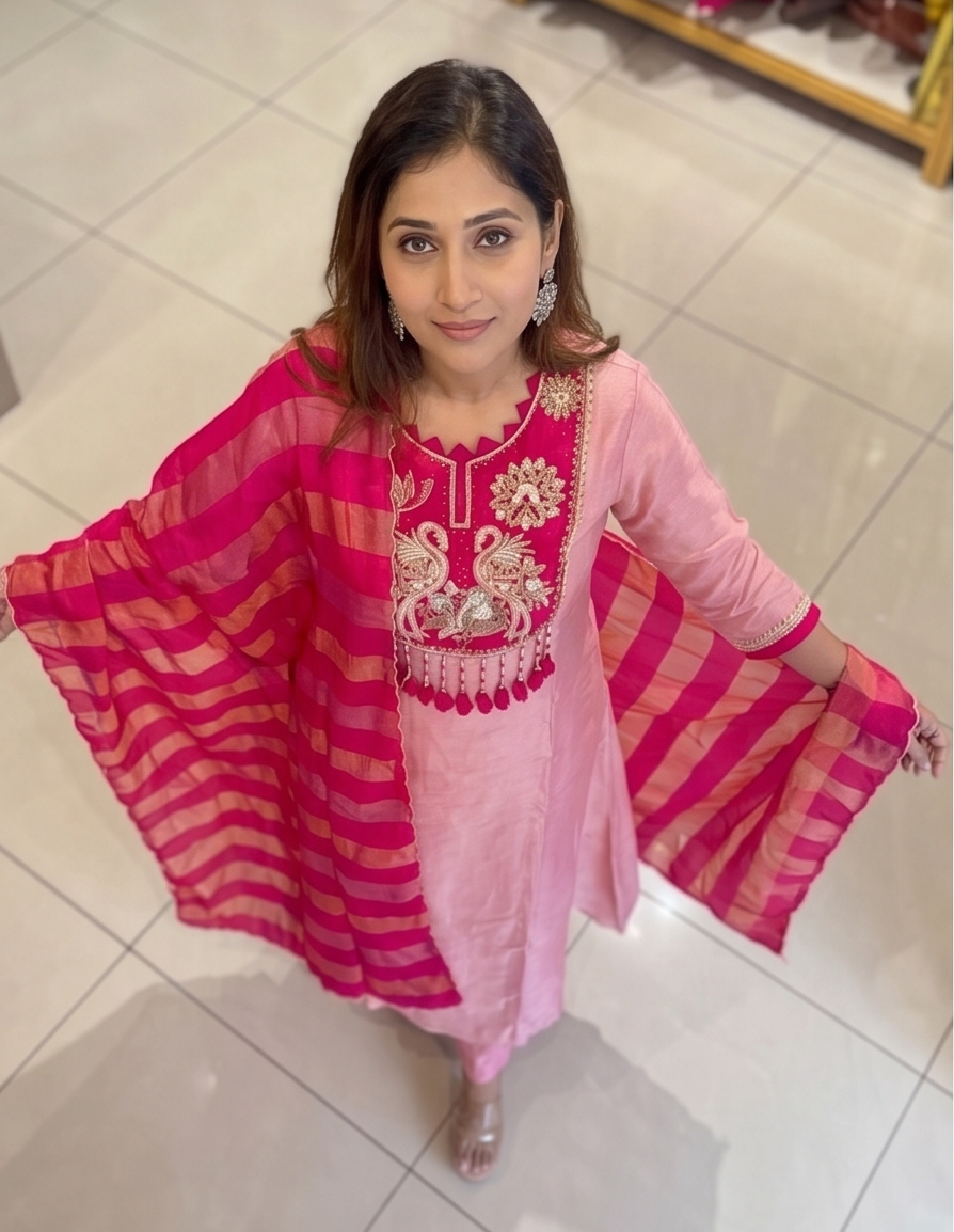Pink Lotus Heavy Handwork Anarkali Suit Set with Dupatta