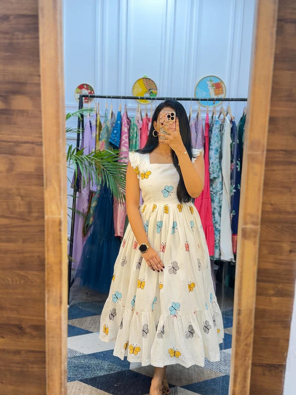 Kudbi's Butterfly Cotton White Frock Style