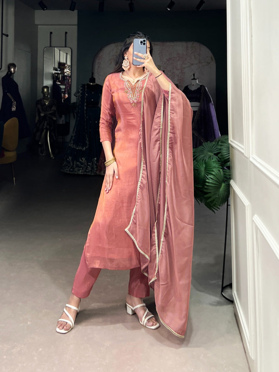 Viscose Tissue Silk Handwork Kurta Set with Organza Dupatta