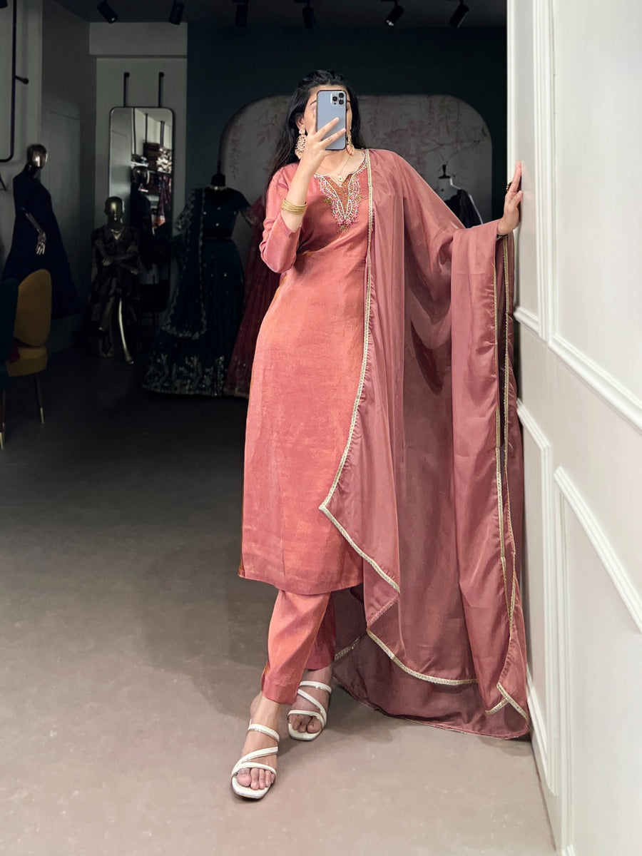 Viscose Tissue Silk Handwork Kurta Set with Organza Dupatta