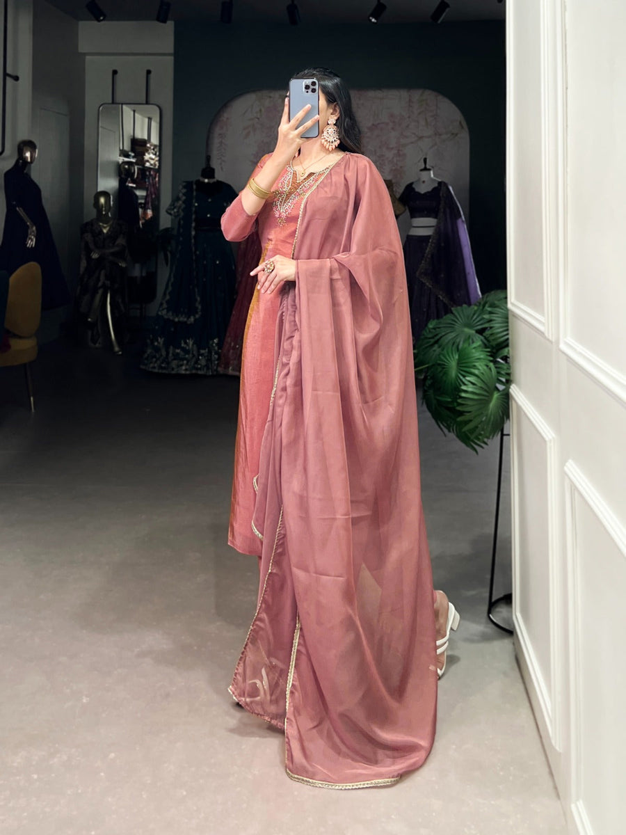 Viscose Tissue Silk Handwork Kurta Set with Organza Dupatta