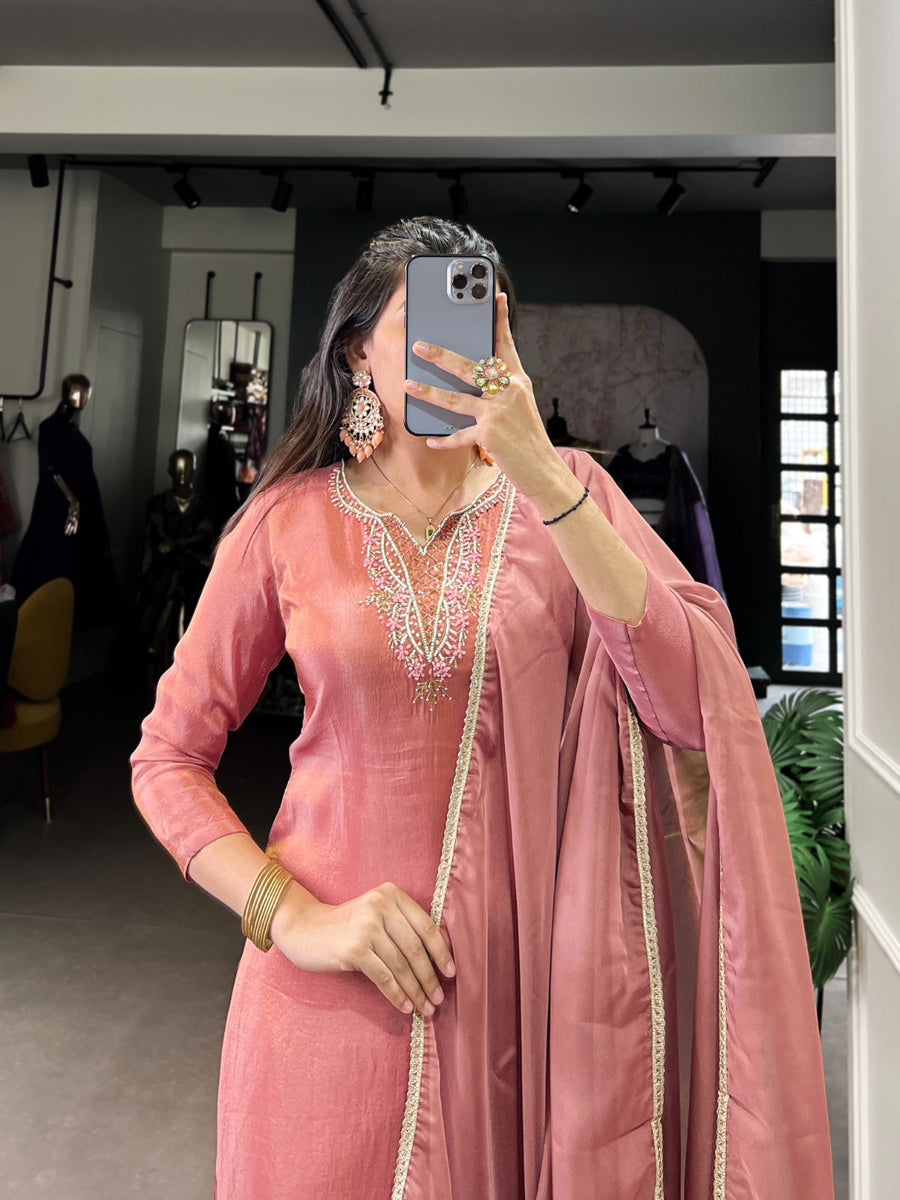 Viscose Tissue Silk Handwork Kurta Set with Organza Dupatta