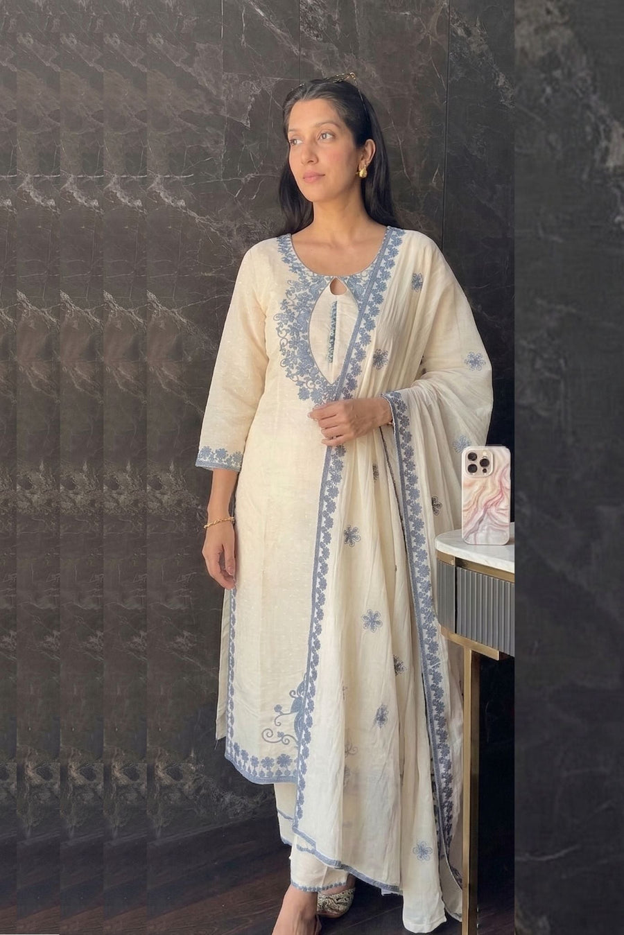 Wati Fancy Aari Embroidery Kora Cotton Grey Suit