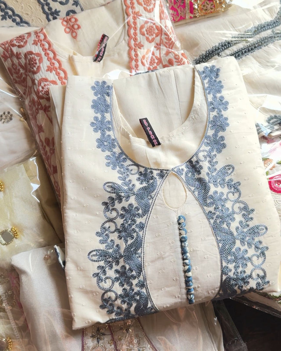 Wati Fancy Aari Embroidery Kora Cotton Grey Suit