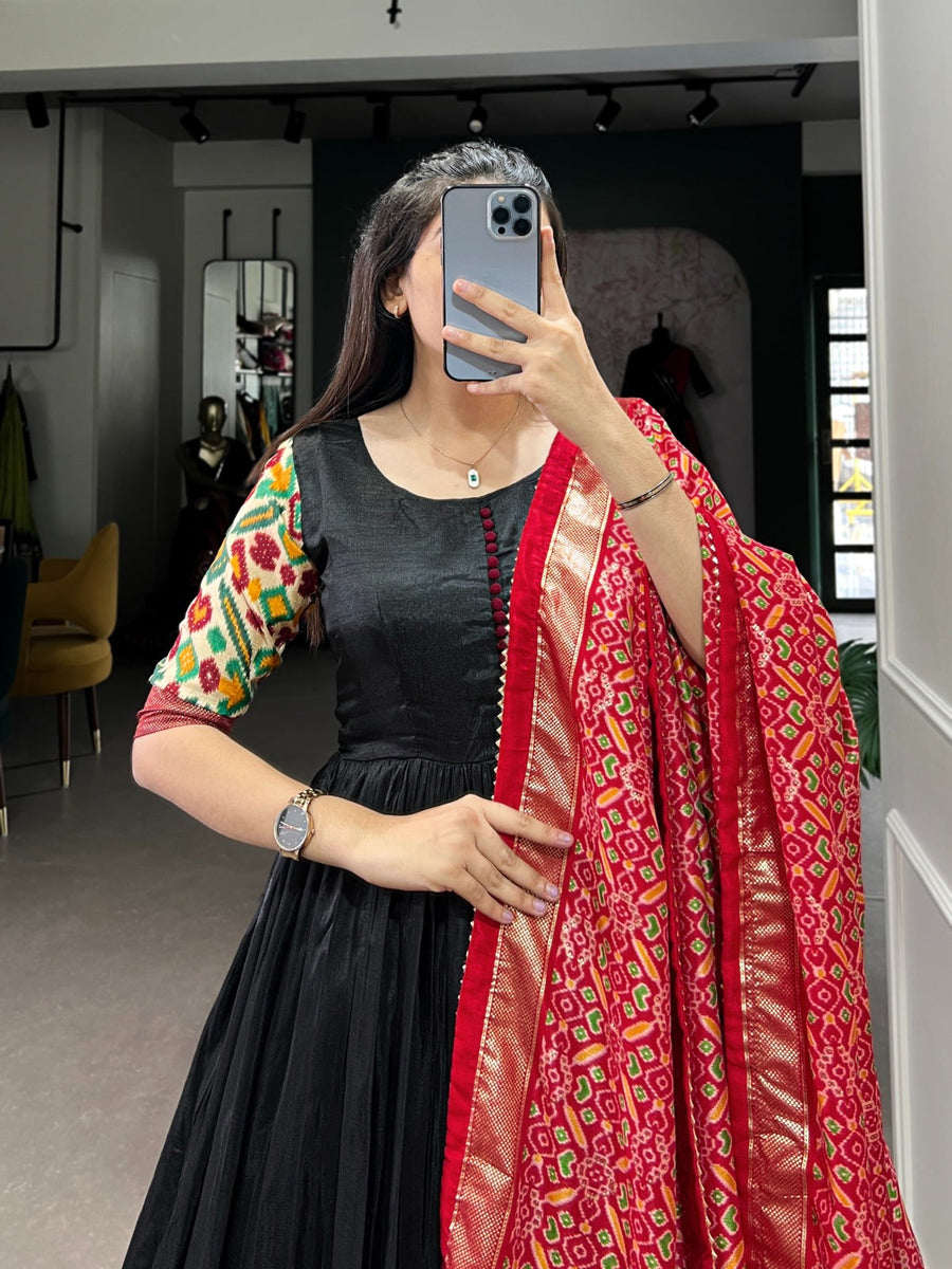 Kudbi's Style Black Patola Gown with dupatta.