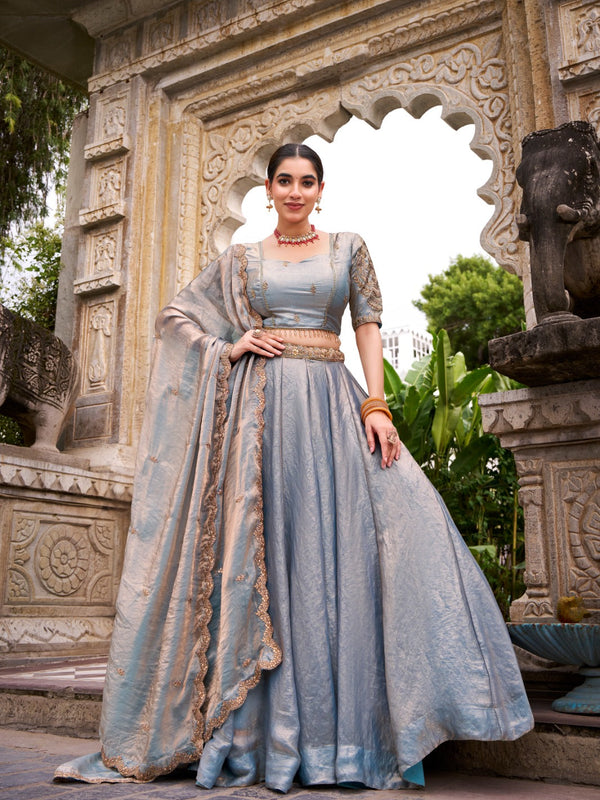 Dreamy Pastel Fendi Lehenga Choli Set with Gold Lace and Dupatta