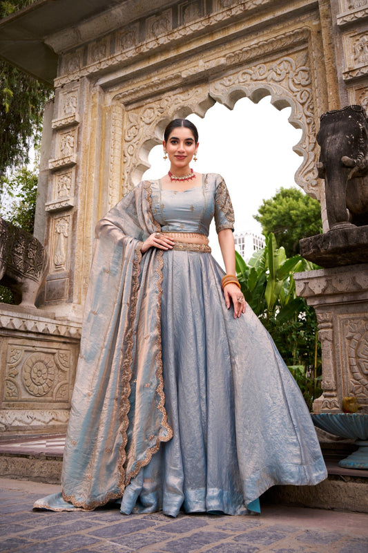 Dreamy Pastel Fendi Lehenga Choli Set with Gold Lace and Dupatta