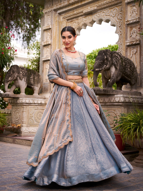 Dreamy Pastel Fendi Lehenga Choli Set with Gold Lace and Dupatta