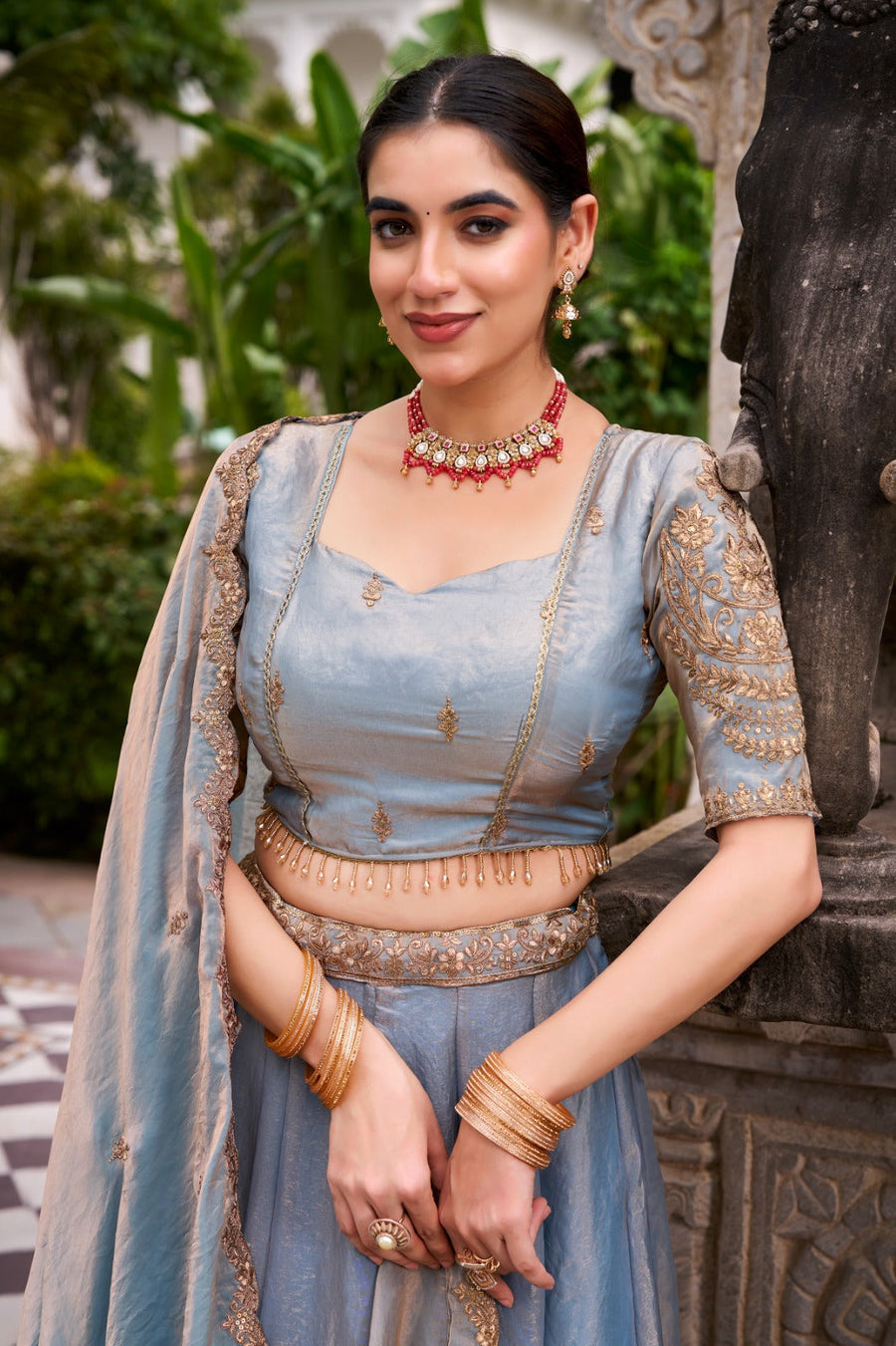 Kudbi Dreamy Pastel Fendi Lehenga Choli Set with Gold Lace and Dupatta