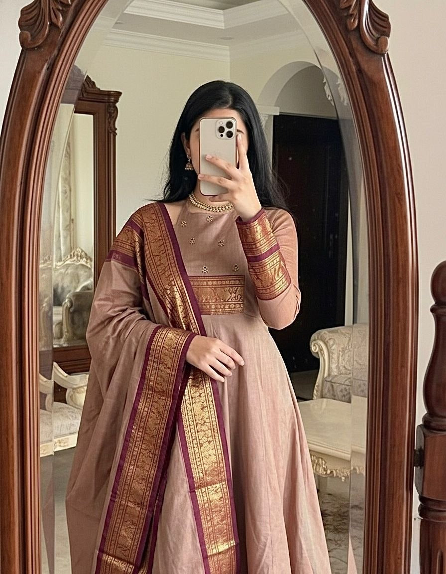 Golden Weave Anarkali Suit with Dupatta