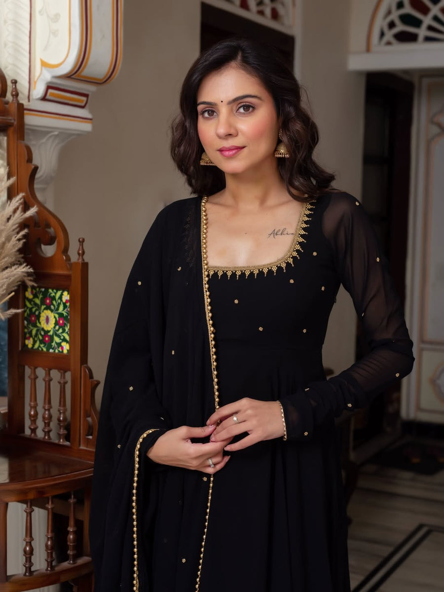 Classic Black Anarkali Gown Style Suit Set With Dupatta
