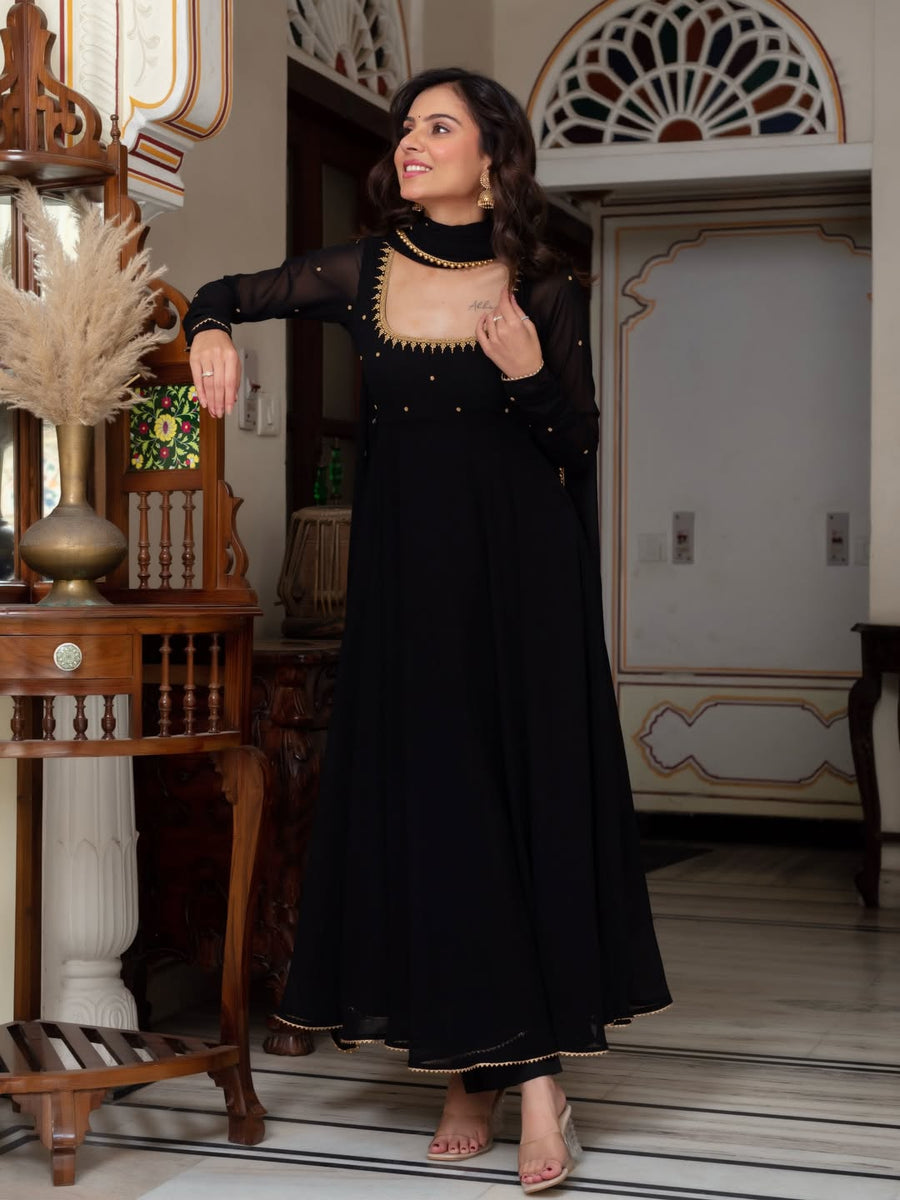 Classic Black Anarkali Gown Style Suit Set With Dupatta
