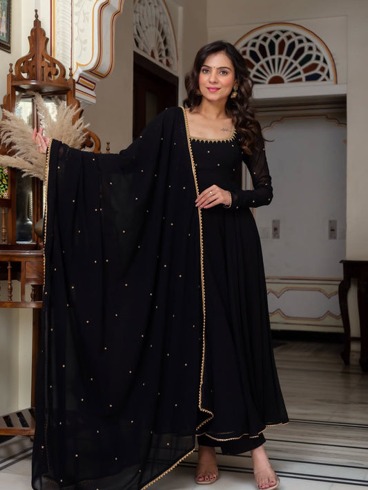 Classic Black Anarkali Gown Style Suit Set With Dupatta