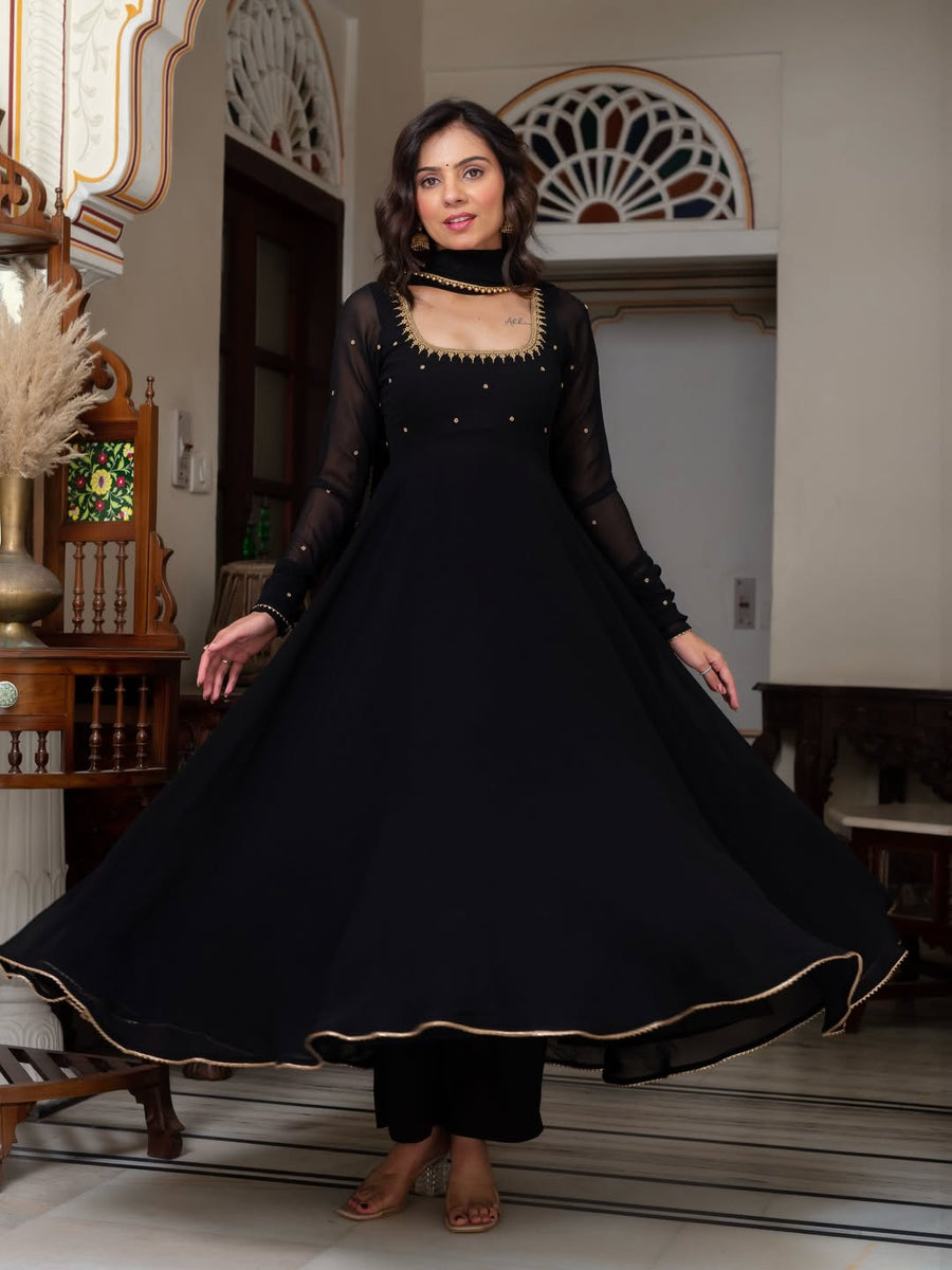 Classic Black Anarkali Gown Style Suit Set With Dupatta