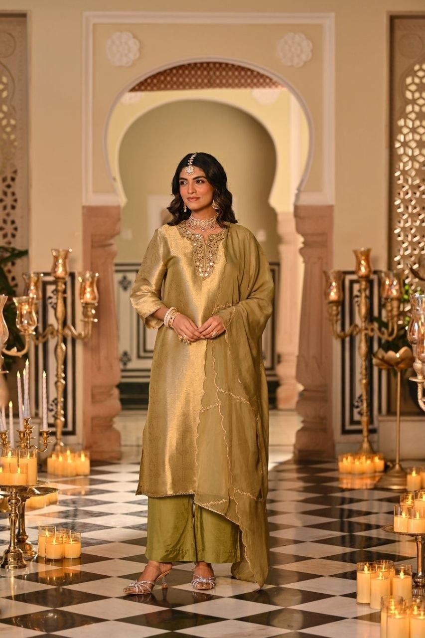 Kanjivaram Style Woven Kurta Set with Matching Dupatta